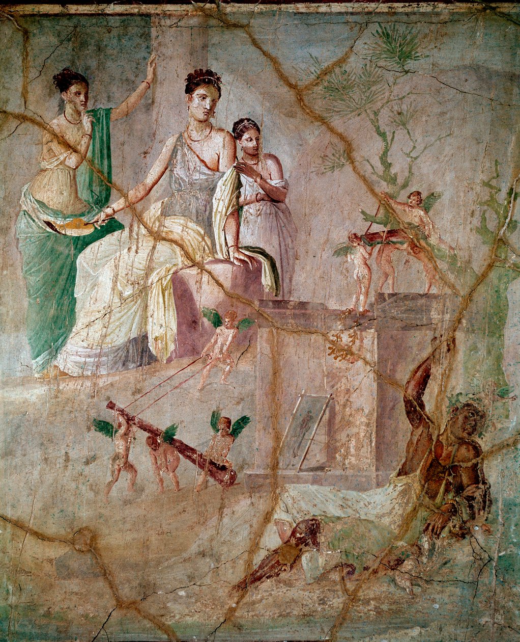 Héraklész és Omphale (herkules és Omphale) 3. pompei stílusú római freskó Pompeiiből (Pompeji freskó) Kr.u. 40-60 Mérete 88x103 cm A Nápolyi Nemzeti Régészeti Múzeumban konzervált, Olaszország alkotó: Roman