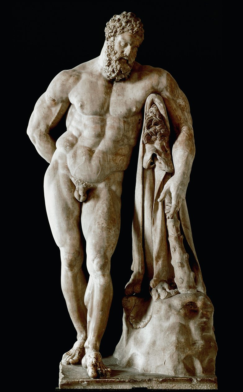 Hercules Farnese Glikon márvány kolosszális szobra a római caracalla termálfürdőjéből, a sicyonei Lysipus görög eredetijéből, Dim. 3,17 m, 3. század JC után - Nápolyi Régészeti Múzeum - Farnese Hercules - Márványszobor (H.31 alkotó: Roman