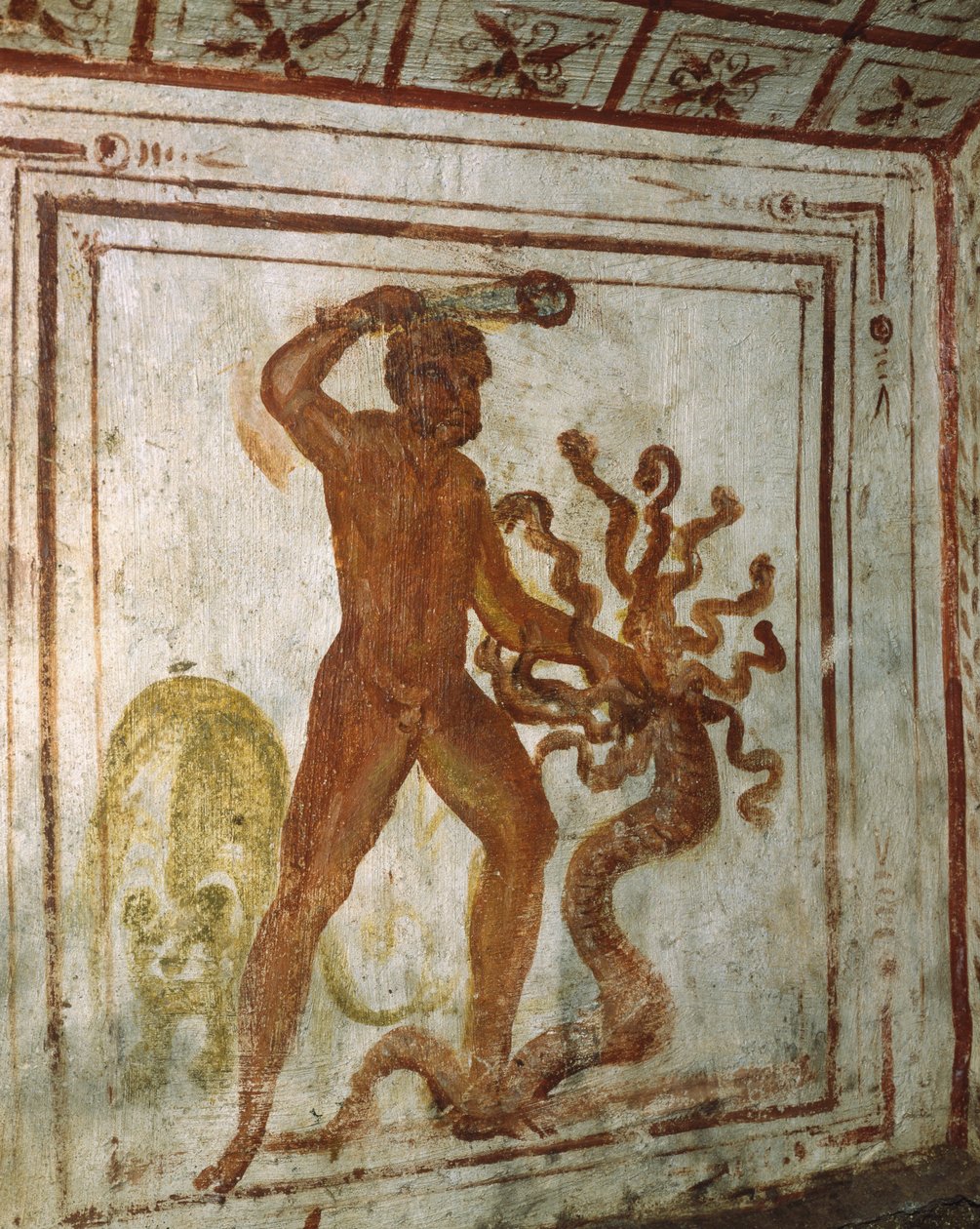Herkules és Lernaean Hydra, freskó, Via Latina katakomba, Róma, Olaszország, 4. század alkotó: Roman