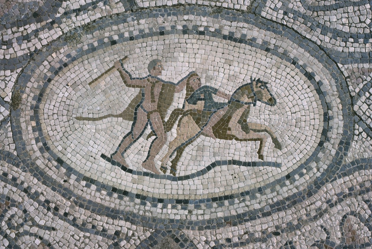 Herkules és az amazonok királynője a "Herkules háza" padlójáról (mozaik) alkotó: Roman
