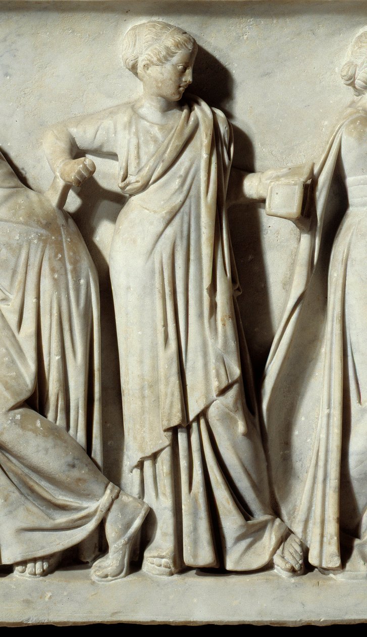 La muse Calliope, a Sarcophagus des Muses részlete: a művészetek és a betűk múzsáinak ábrázolása. Márvány szobor. Kr.u. 150. Párizs, Louvre Múzeum. alkotó: Roman
