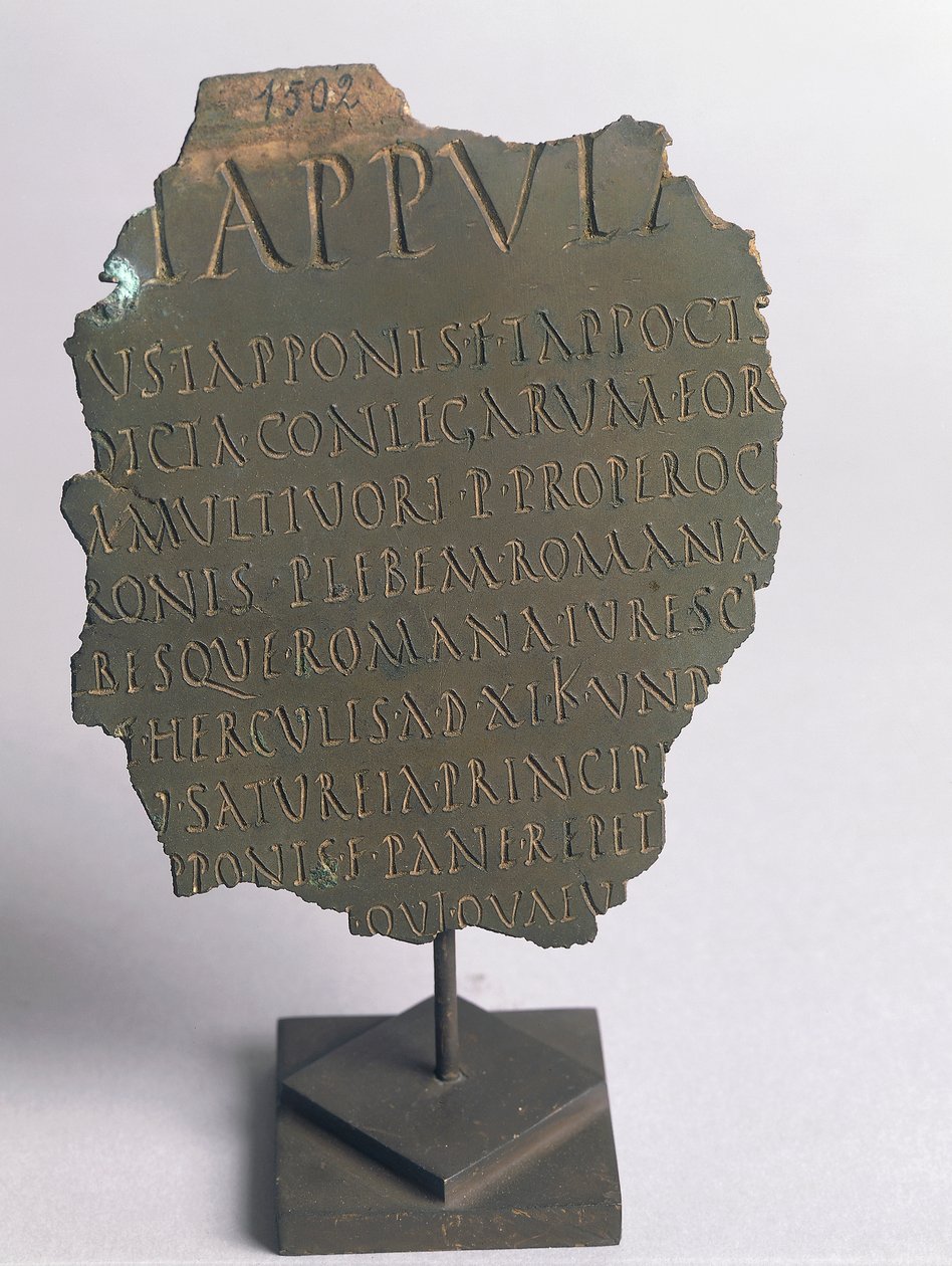 Lex Tappula, a szatirikus törvény töredéke, amelyet Vercelli baráti köre készített, a római népszavazási törvényekkel azonos formában írt paródia, amely a Festo által átadott leges conviviales részét képezi, bronz, római civilizáció alkotó: Roman