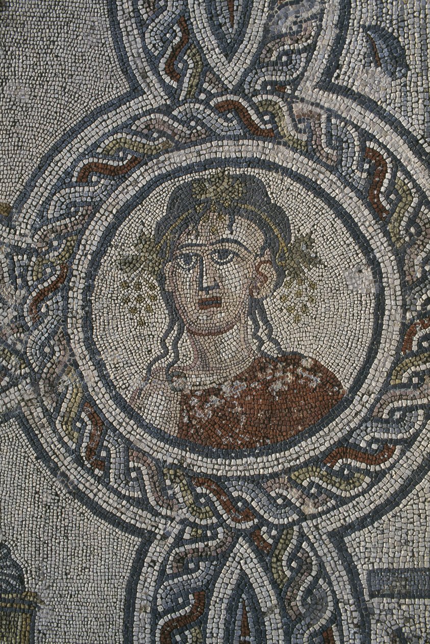 A négy évszak mozaikja, Dionüszosz háza, részlet, fej (mozaik) alkotó: Roman