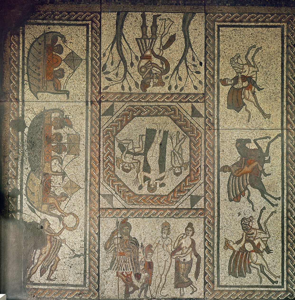 Mozaik járda a Low Ham-i római villából, Dido és Aeneas történetét illusztrálva Vergilius Aeneiséből, Kr.u. 350 körül (mozaik) alkotó: Roman