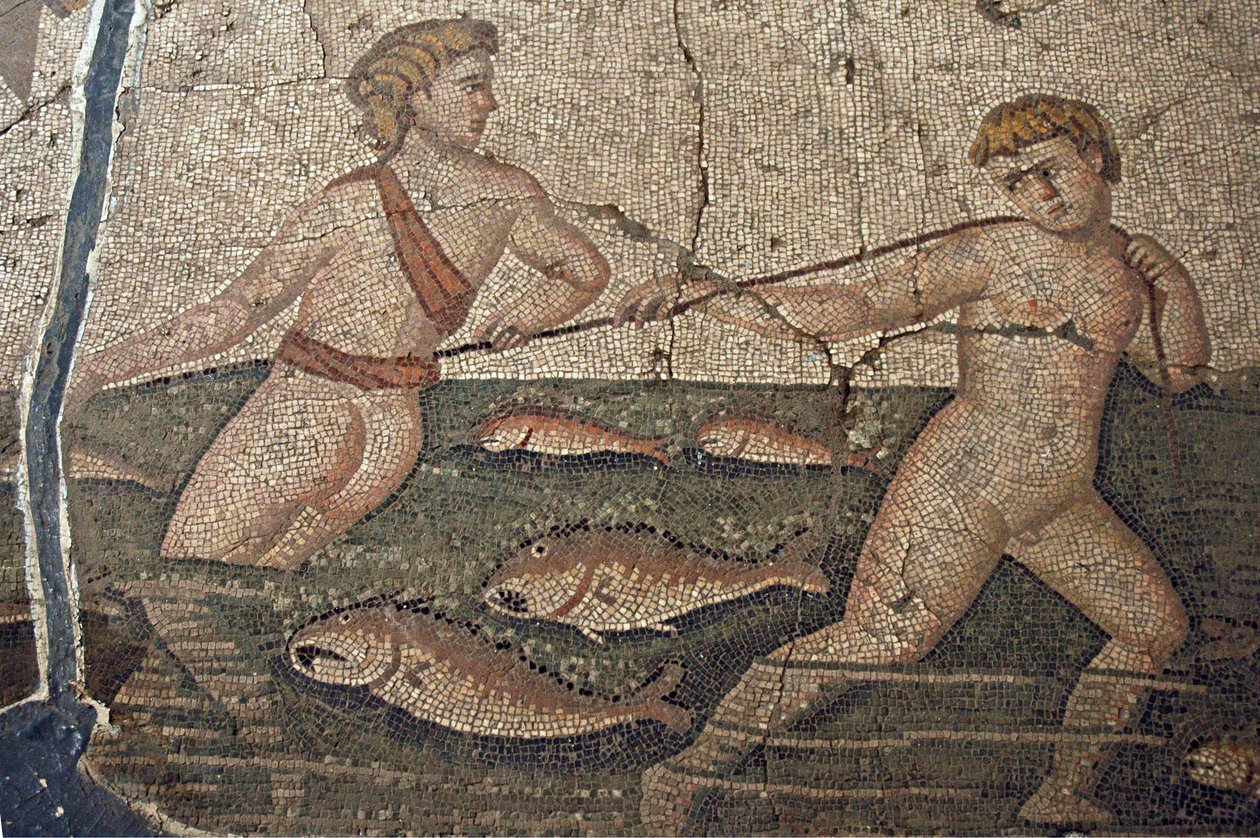 Meztelen halászok a tenger Thalassa mozaikjáról, Harbiye-ból, Hatayból (mozaik) alkotó: Roman