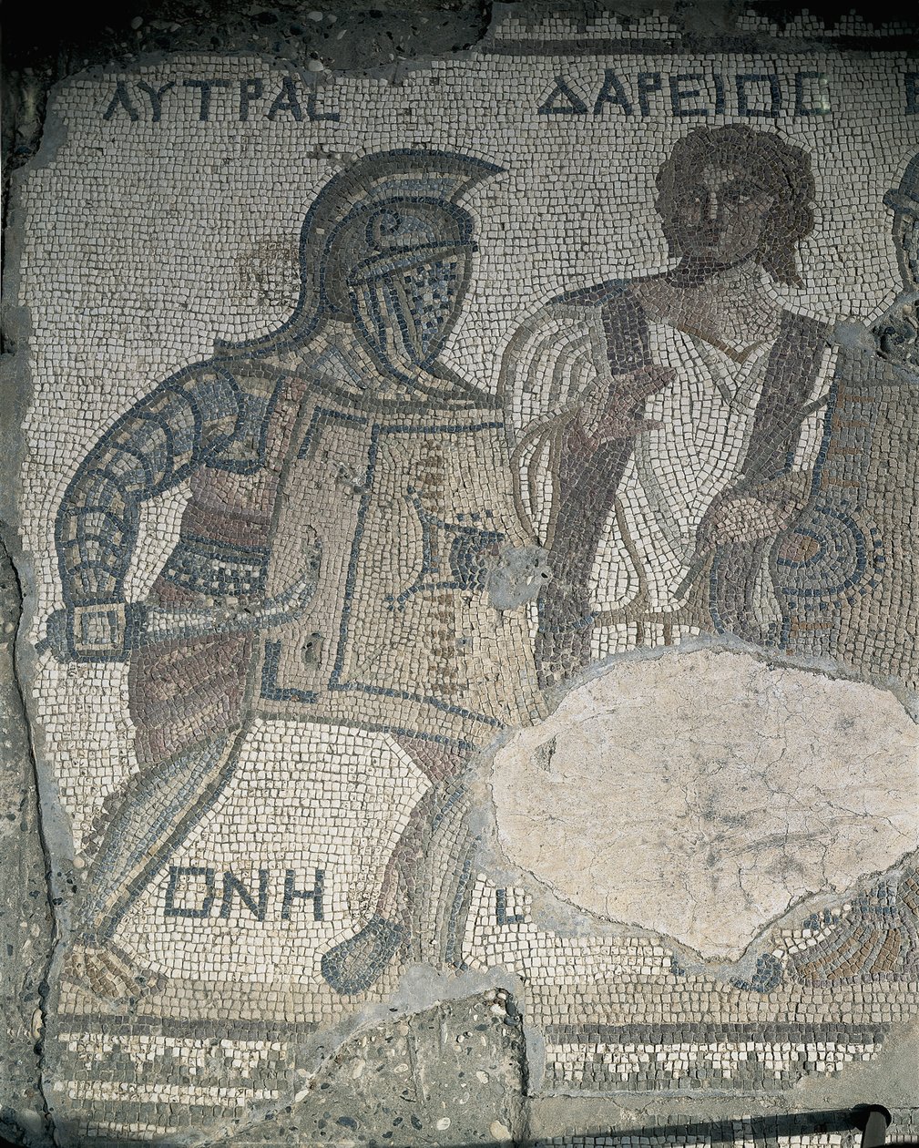Két gladiátor festménye egy mozaikfalon, Kourion, Limassol, Ciprus alkotó: Roman