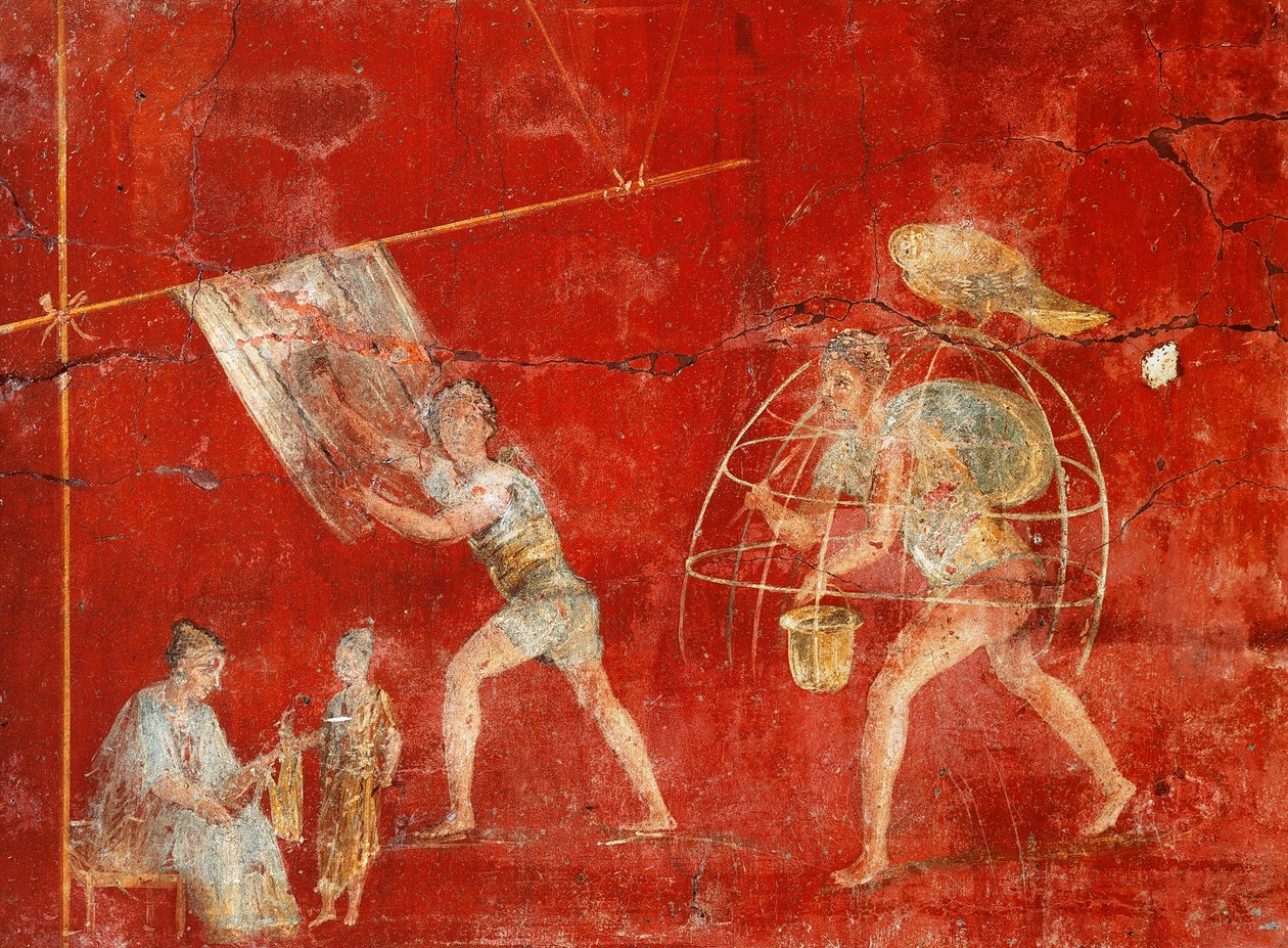Gyapjúgyártást ábrázoló oszlopfreskó Pompeiiből, Veranio Ipseo Fullonica alkotó: Roman
