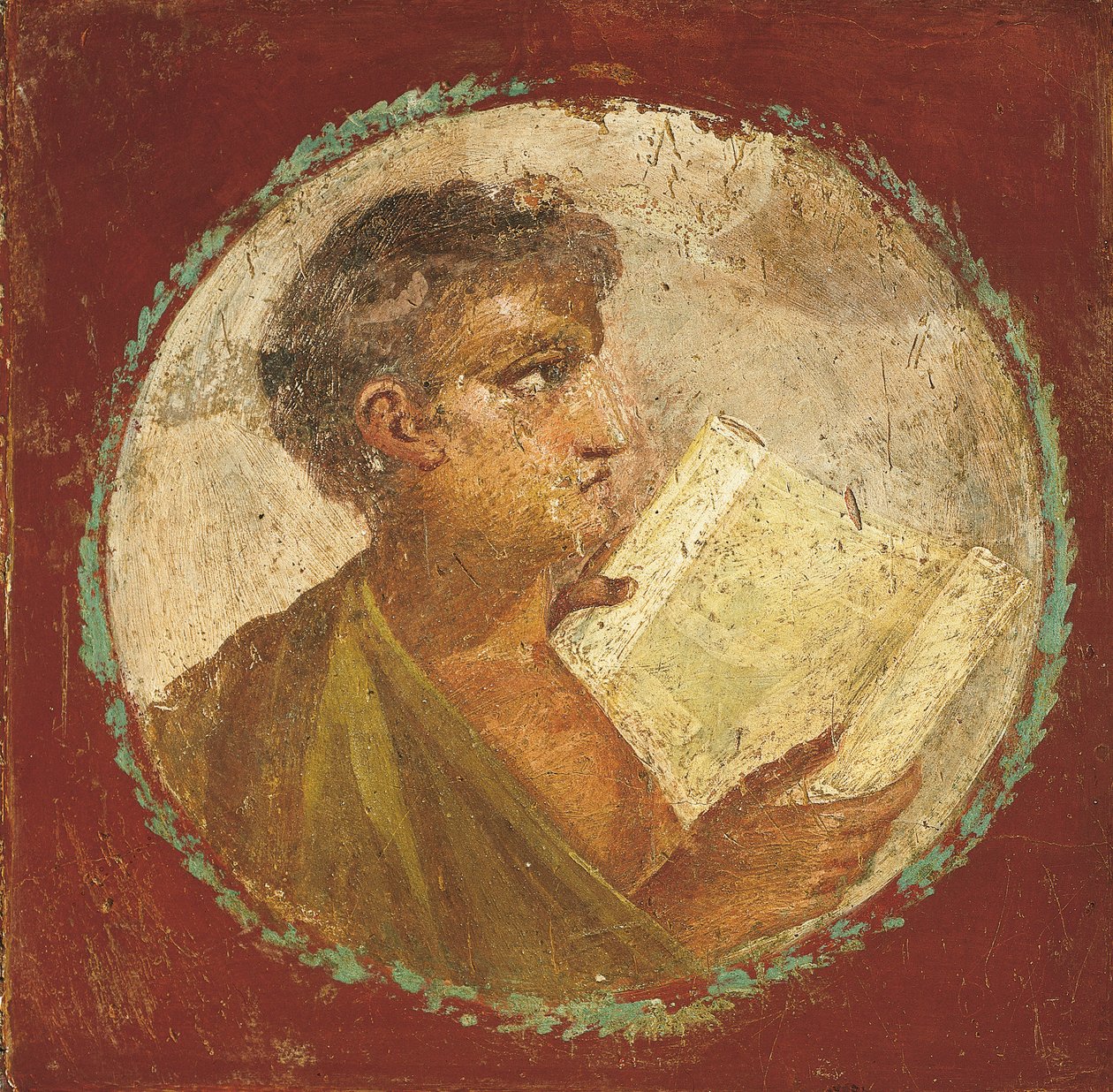 Papirusztekercset tartó fiatal férfi portréja, Kr.u. 55-79 (freskó) alkotó: Roman