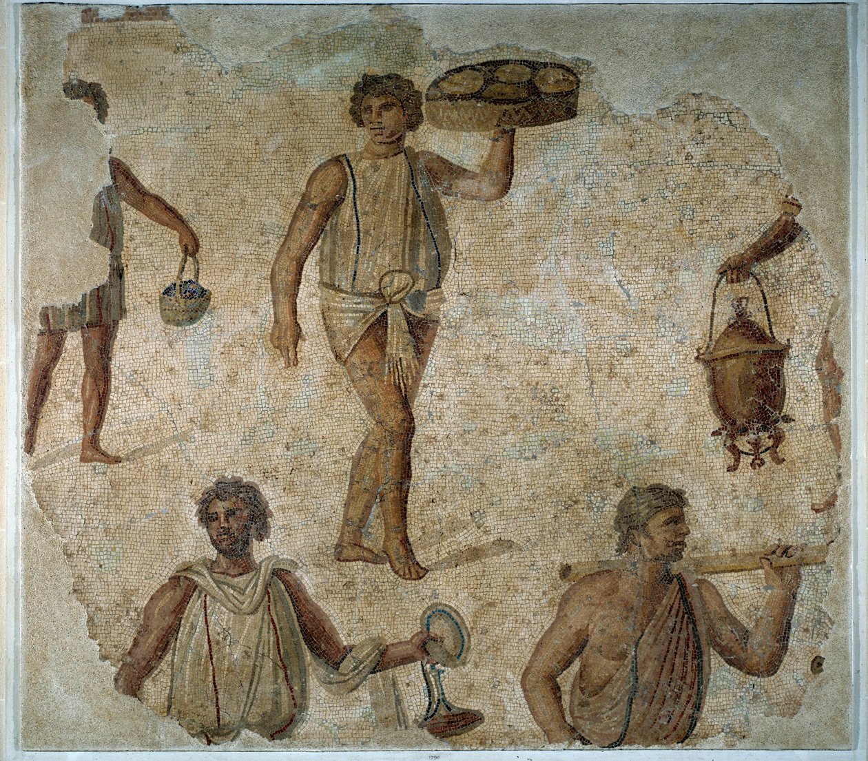 Előkészületek egy dionziákus lakomához: egy karthágói mozaik ételt felszolgáló rabszolga. 2. századi ap. JC. Párizs, Louvre Múzeum alkotó: Roman