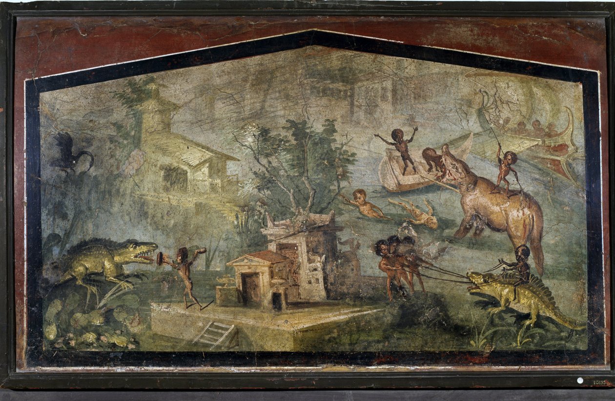 "Krokodilokra és elefántokra vadászó pigmeusok" Pompeiből alkotó: Roman
