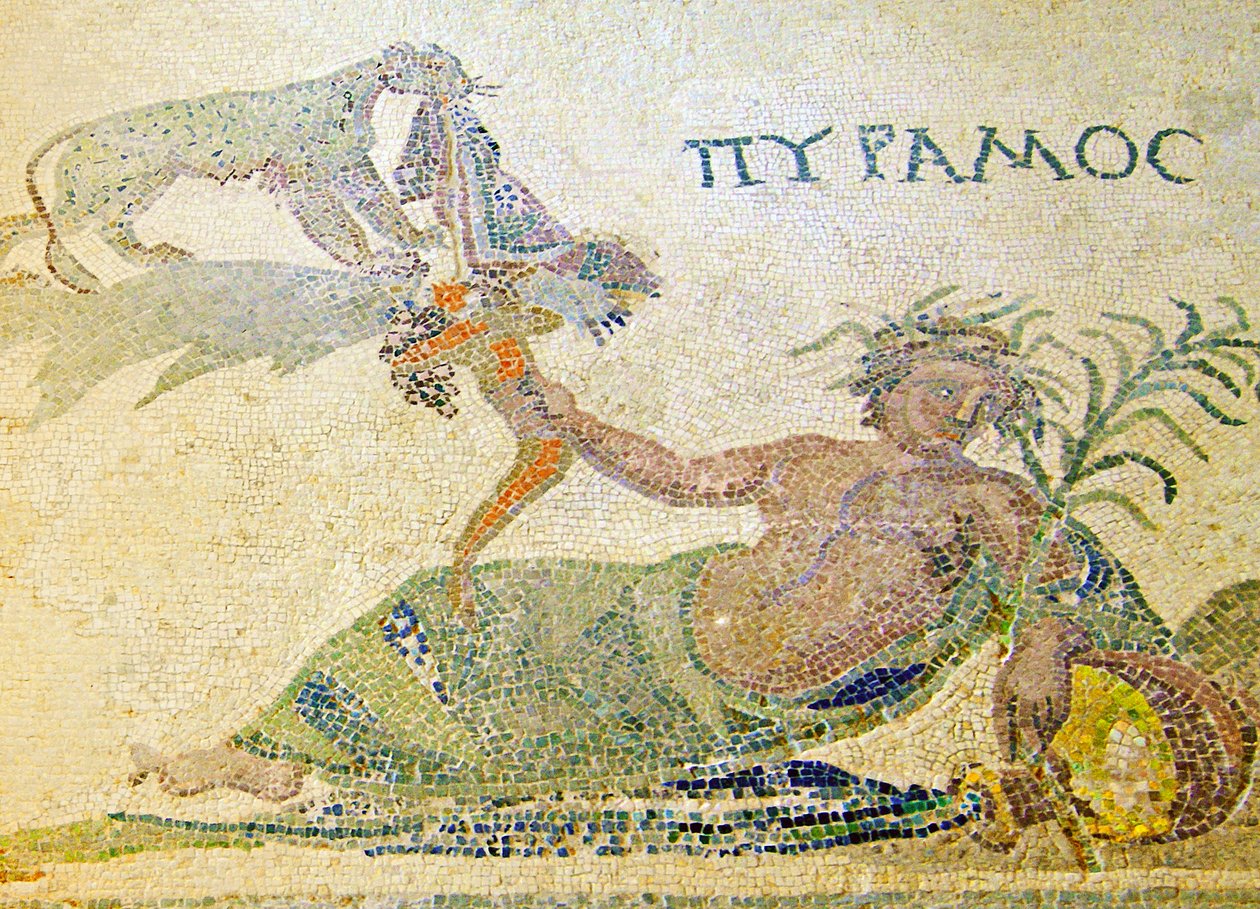 Pyramus és Thisbe, Pyramus és a leopárd részlete, Dionüszosz háza, Paphos, ciprusi mozaik alkotó: Roman