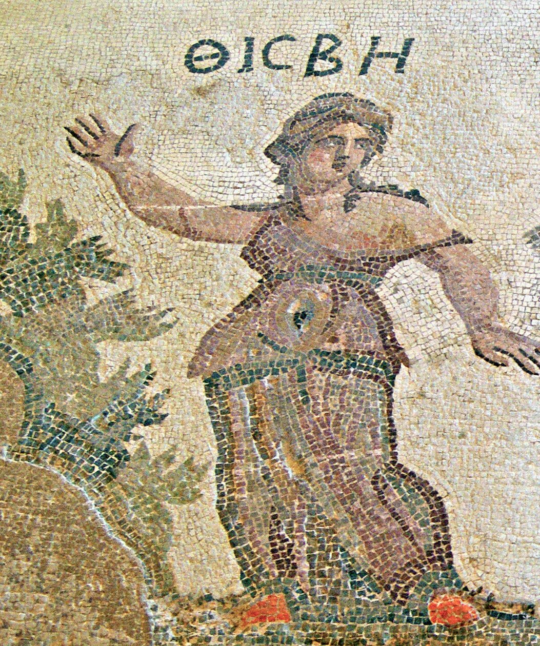 Pyramus és Thisbe, Thisbe részlete, Dionüszosz háza, Páfosz, Ciprus mozaikja alkotó: Roman