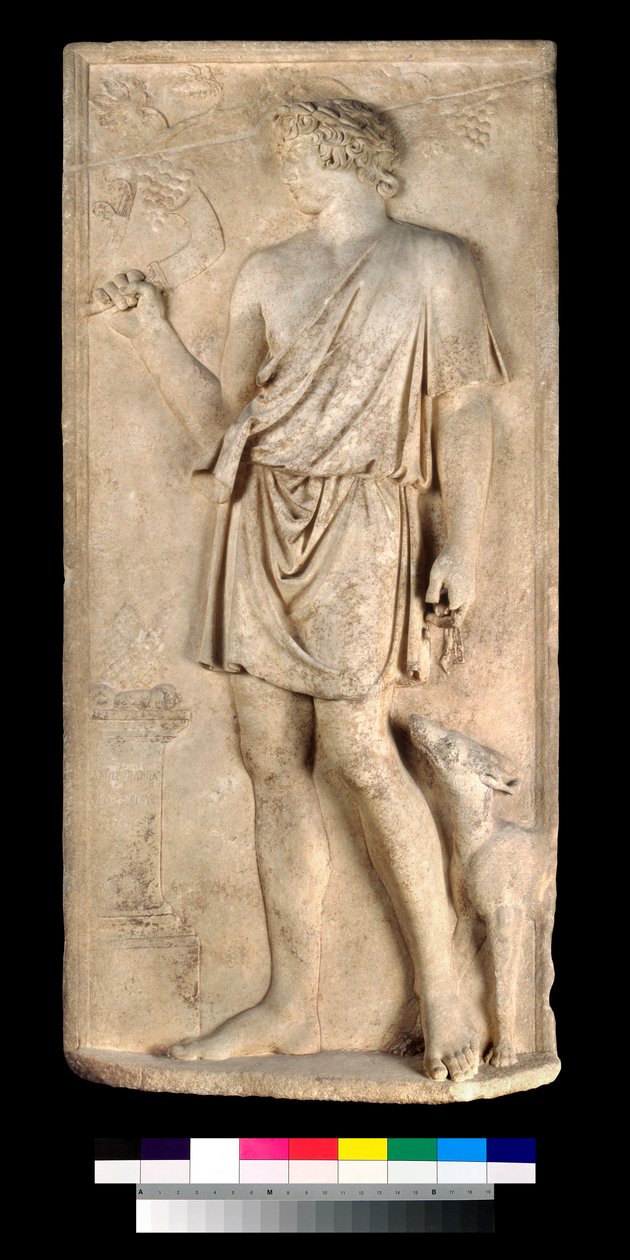 Antinous domborműve, mint Dionysos vagy Silvanus, szőlőt szüretelve alkotó: Roman