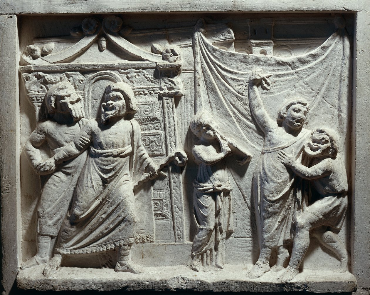 Relief az „Andria” vígjáték színházi jelenetéből, Publius Terentius Afer (dombormű) alkotó: Roman