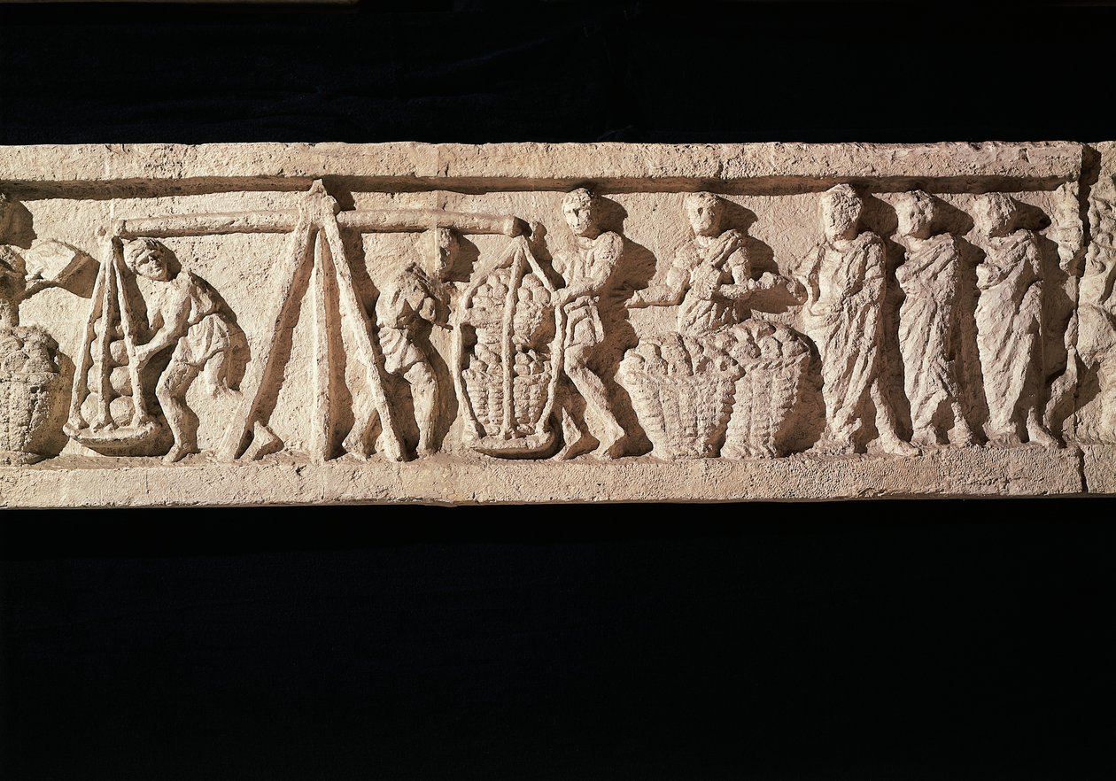 A kenyerek kosarakba rakását és mérlegelésre vitelét ábrázoló dombormű Euryaces, a pék sírjából, Porta Maggiore, Róma, Kr. e. 50-20 körül50-20 alkotó: Roman