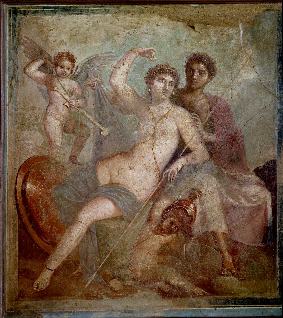Ares és Aphrodité ábrázolása, az isten fegyvereivel játszó szerelmek kíséretében. Freskó a Villa de Marsról és a Vénuszról Pompeiben. Kr.u. 1. század. Nápolyi Régészeti Múzeum - Római művészet: Ares, Aphrodité és Erosz. Aphrodité (Vénusz) recl alkotó: Roman
