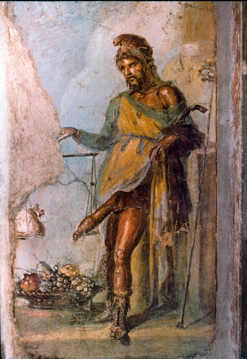 A görög isteni Priapét, a termékenység istenét ábrázolja, hatalmas pénisszel állandóan erekcióban. Részlet egy pompei freskóról. Casa dei Vettii. Kr.u. 1. század. alkotó: Roman