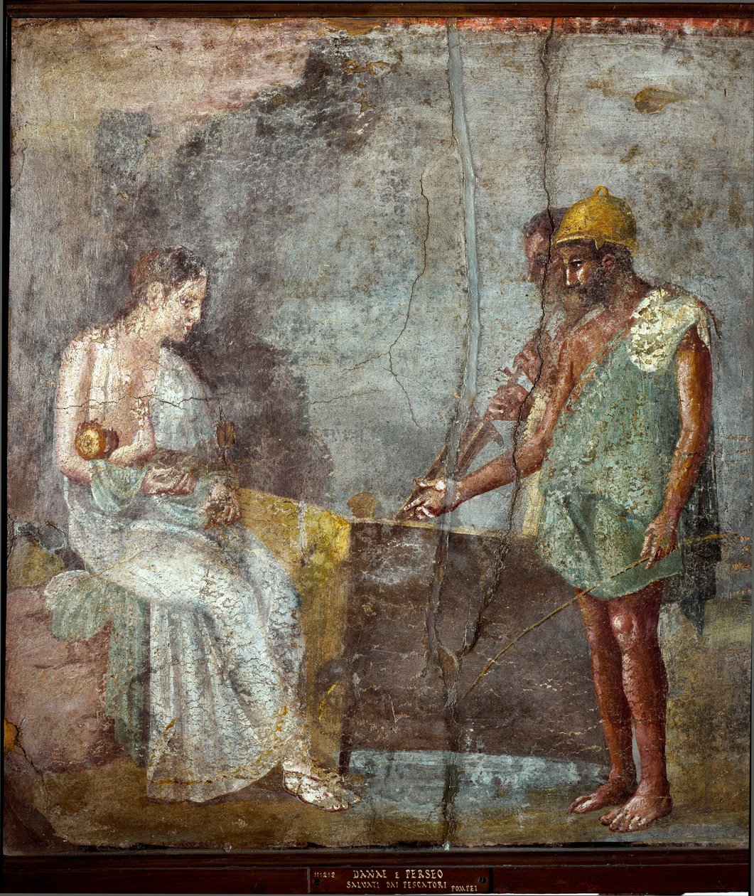 Római művészet: „” Danae-t és fiát, Persee-t halászok találják Seriphe tengerpartján”” Freskó Pompeiből. 3. stílus. Homályos. 67x63 cm Museo Archeologico Nazionale, Nápoly alkotó: Roman