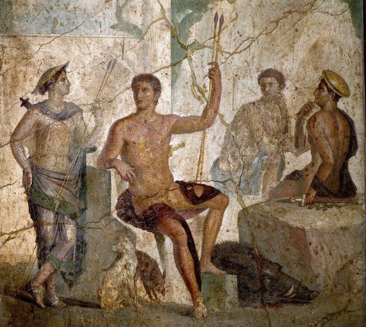 Római művészet: „” Meleagre és Atalante””” Római freskó a Kr.u. I. századból. Pompeiből. Nápoly, Nemzeti Régészeti Múzeum - Római művészet: Meleager és Atalanta. 1. századi római freskó Pompeiiből. Nemzeti Régészeti Múzeum, Nápoly, It alkotó: Roman