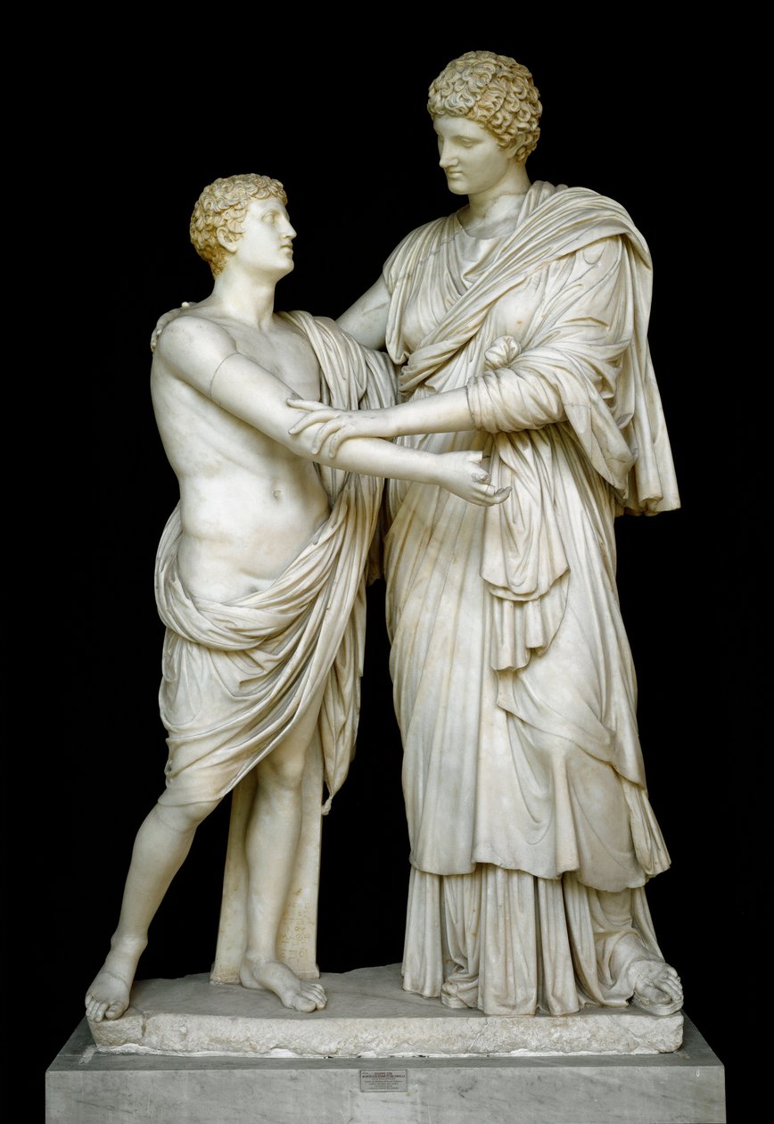 Római művészet: „” Oreste et Electre””” Kr.u. I. századi márványszobor. A Ludovisi kollekcióból a Dim. 192 cm - Róma, Museo Nazionale Romano (o delle Terme) Olaszország - Orestes és Electra - Márványszobor (H. 210 cm), Római császári időszak (i.e. 27-476) alkotó: Roman
