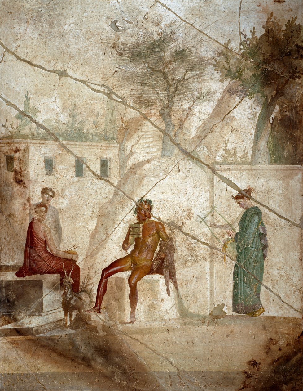 Római művészet: „Pánzenész nimfákkal” „Chiaro mesternek tulajdonított freskó. 1. század. Pompejiből. Nápoly, Nemzeti Régészeti Múzeum alkotó: Roman