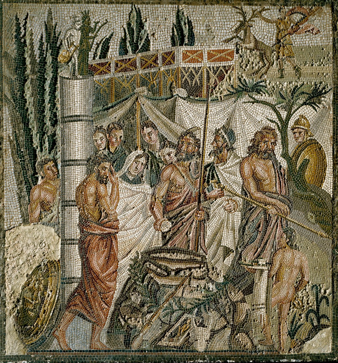 Római művészet: „Iphigenie áldozata”” Agamemnon király feláldozza lányát, hogy lecsillapítsa Artemisz (Diana) haragját. Kr.e. 1. századi mozaik. Museo di Ampurias (Empurias), Spanyolország alkotó: Roman