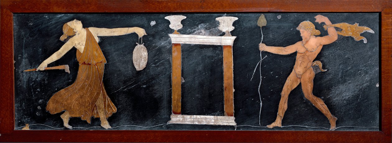 Római művészet: „” Menád és szatíra tánca egy kis templom mellett”” Intarzia Pompeiből. Homályos. 23x67 cm Museo Archeologico Nazionale, Nápoly alkotó: Roman