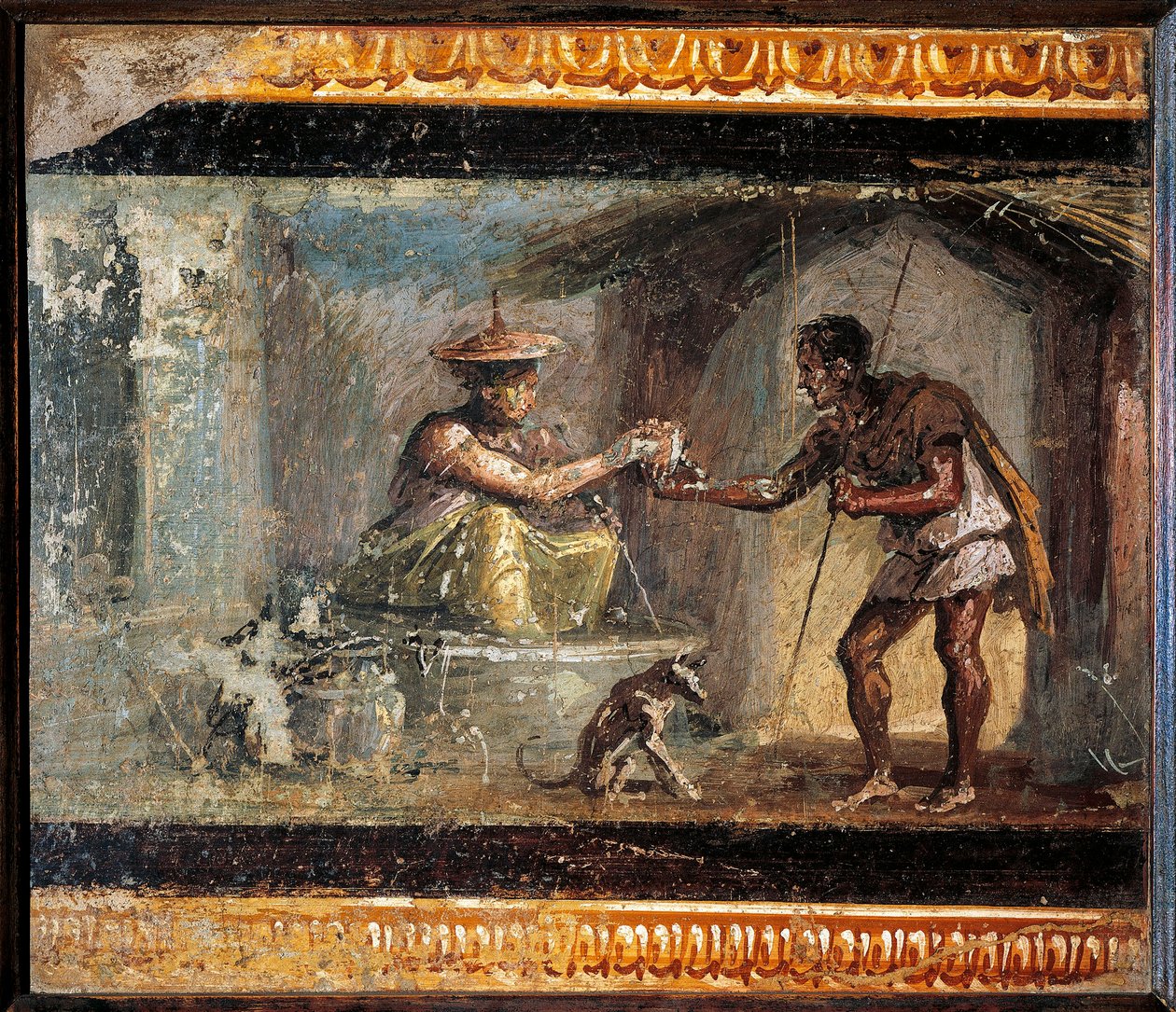 Római művészet: „” Az utazó és a bűvész”” Római freskó a pompei-i villa dei Dioscuriból. Kr.u. 1. század. A Nápolyi Nemzeti Régészeti Múzeum megőrzése. - Római művészet: Az utazó és a varázsló. Nő itallal kínál egy utazót, befelé alkotó: Roman