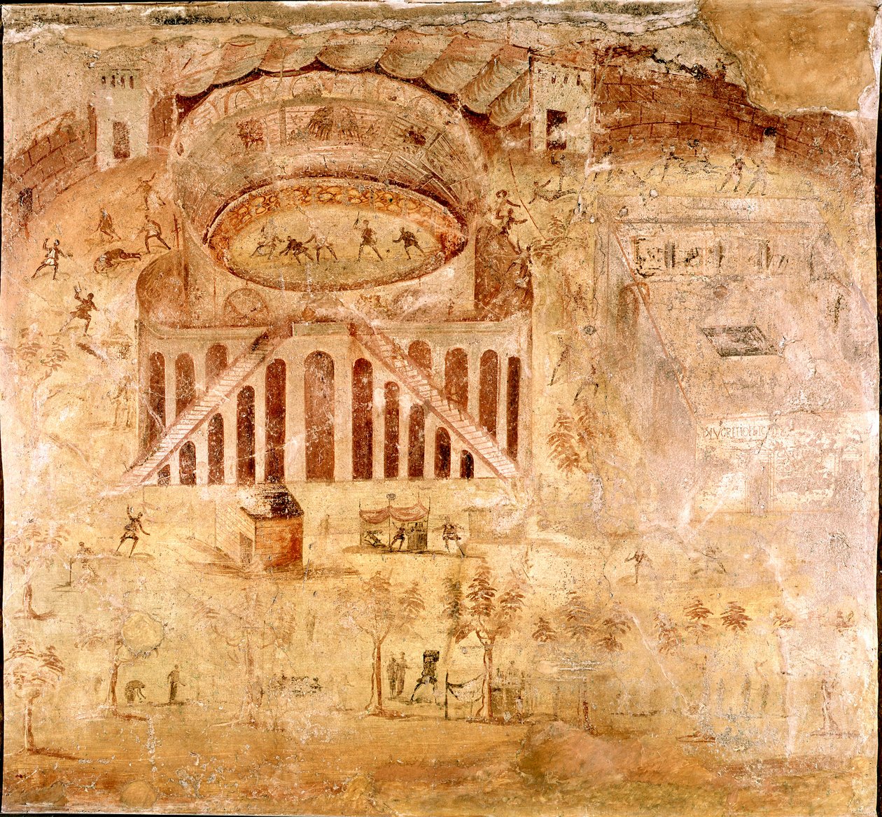 Római művészet: „” Erőszakos küzdelem Nocera lakói és a pompeiaiak között a pompei amfiteátrumban i.sz. 59-ben”” Freskó részlete. Kr.u. 1. század. Pompei oldaláról. Nápoly, Museo Archeologico Nazionale alkotó: Roman
