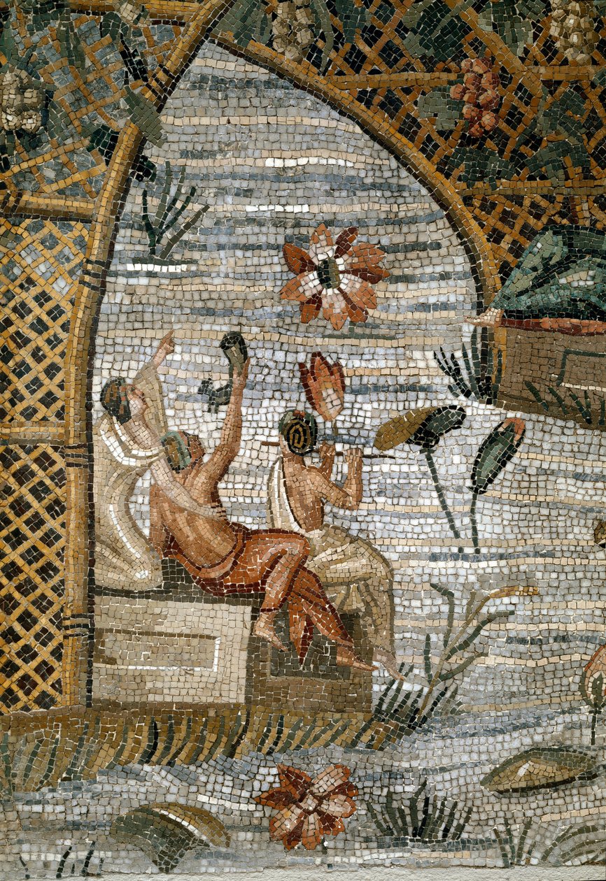 Római művészet: Preneste (Palestrina) nilótikus mozaikjának (Nílus) részlete a Szerencse Istenségének Primigenia szentélyéből. Kr.e. 80. Homályos. 615x506 cm Palazzo Barberini Palestrina, Olaszország alkotó: Roman