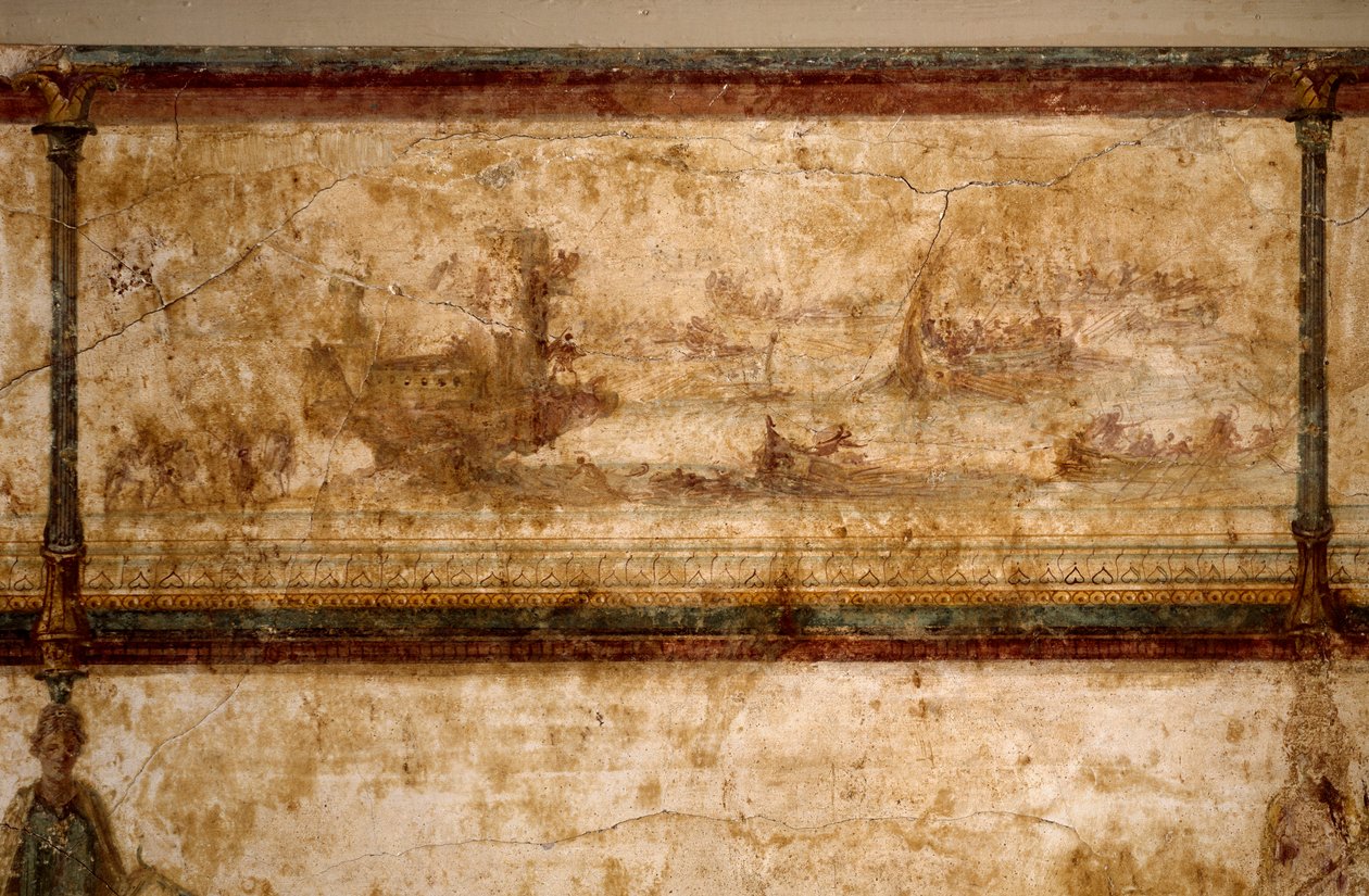 Római művészet: "" tengeri jelenet, biremekkel és triremákkal "" "Freskó Kr.e. 25-19 körül. Méret: 73 cm Róma, Nemzeti Római Múzeum (vagy Terme) alkotó: Roman