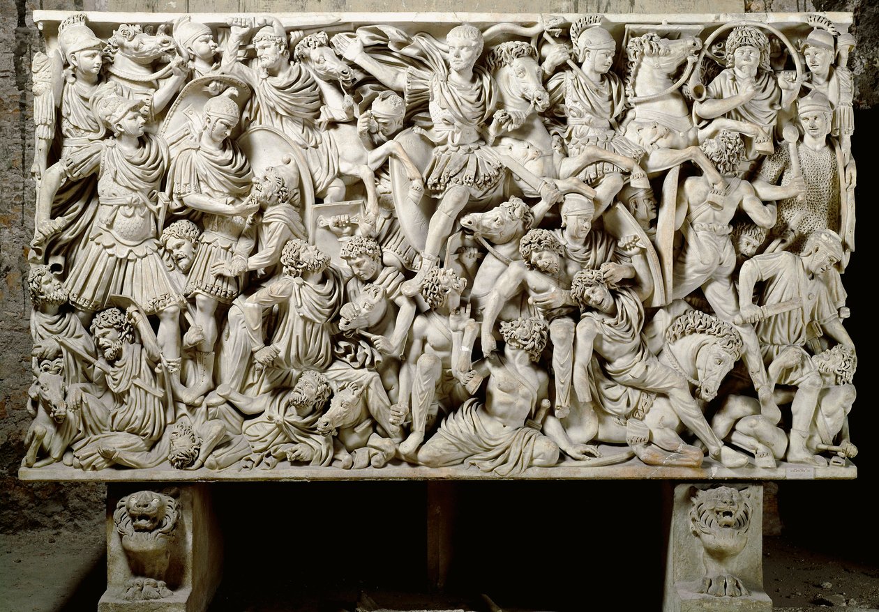 Római művészet: Ludovisi szarkofág csatajelenettel a rómaiak és a barbárok ellen - Kr.u. 3. század, dim. 153x273 cm - Róma, Museo Nazionale Romano - Ostiliano, Decius császár fia (i.sz. 201-51) lovassággal körülvéve, a rómaiak és a rómaiak közötti csatából alkotó: Roman