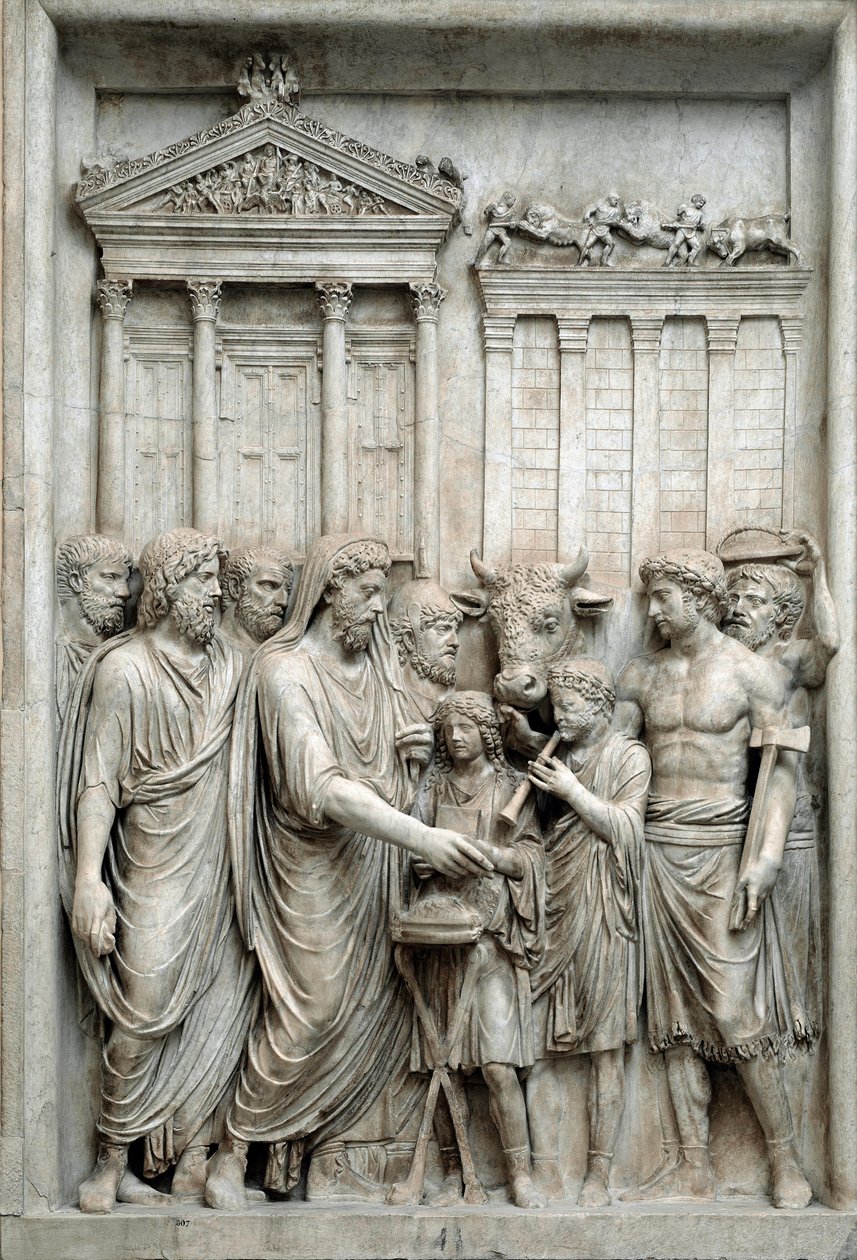 Marcus Aurelius római császár áldoz a Jupiter-templom előtt, Rómában, 161-180 körül (márvány dombormű) alkotó: Roman
