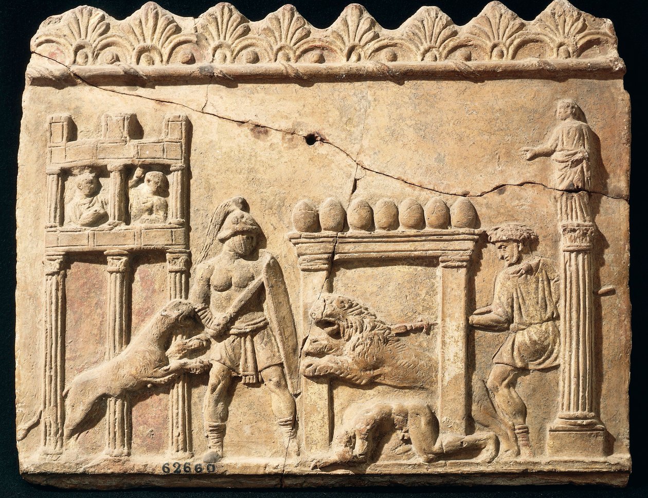 Cirkuszban harcoló oroszlánokat és gladiátorokat ábrázoló római dombormű alkotó: Roman