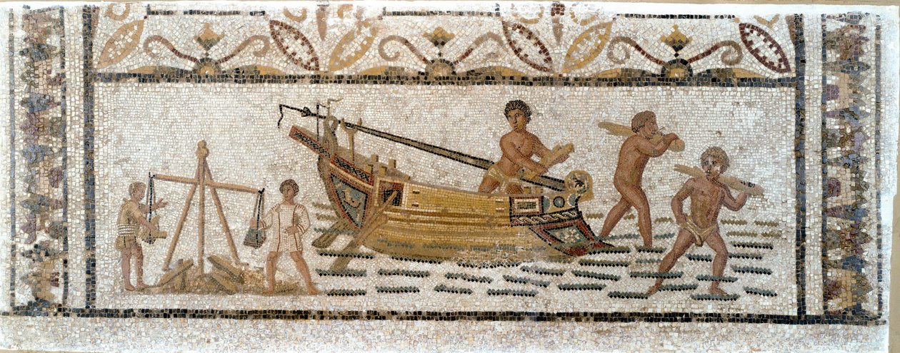 Római antikvitás: "" Fa rakomány kirakodása a hajóról és ólommérés"" Mozaik a tunéziai Sousse-ból. Kr.u. 3. század. Homályos. 90x230 cm Musee du BarDo, Tunisz alkotó: Roman