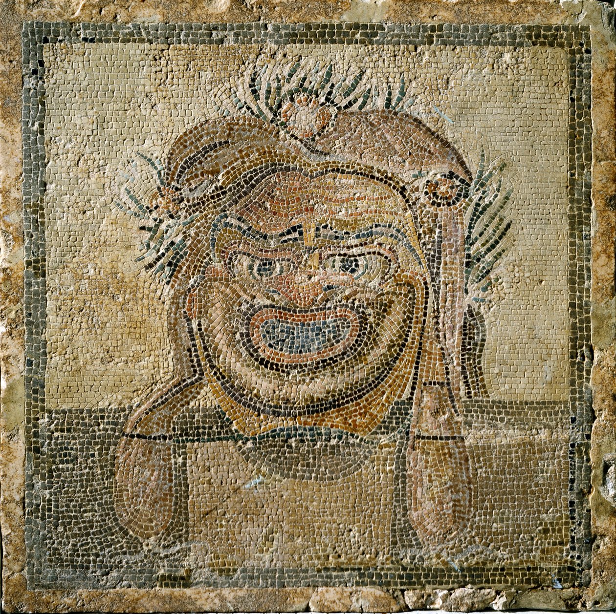 Római művészet: római színházi maszk. Ampurias (Empúries) mozaikja. Kr.u. 2. század. Spanyolország Empurias Múzeum alkotó: Roman