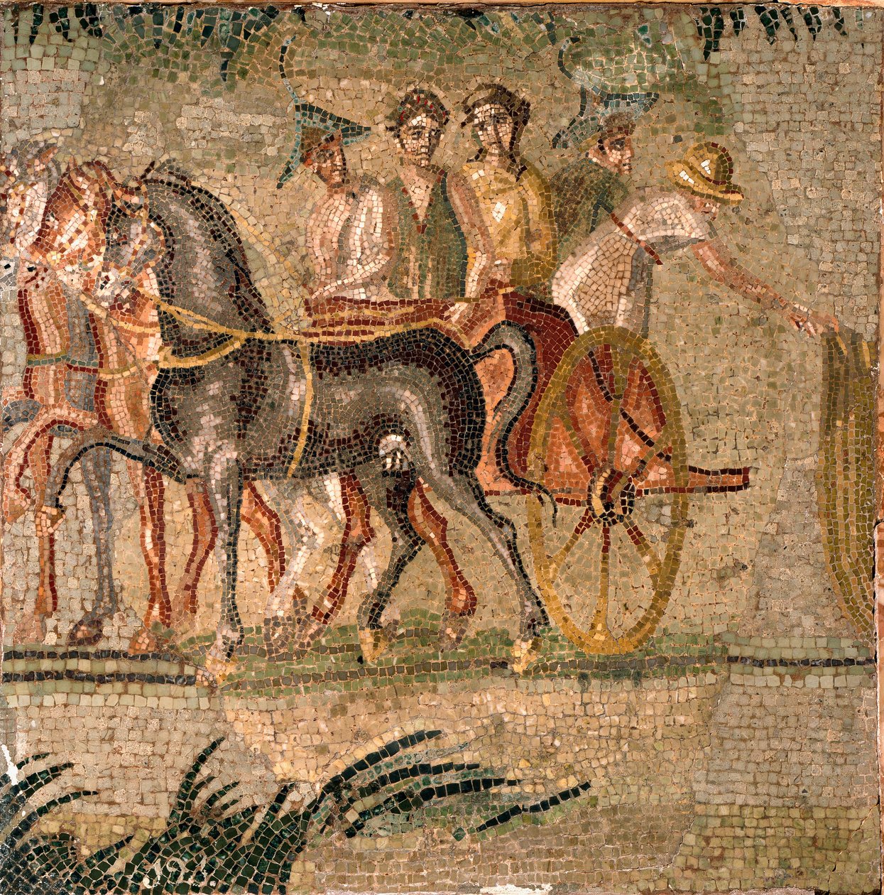 Római művészet: Tankverseny az ókorban. 3. századi mozaik. Madrid, Museo Arqueologico Nacional. alkotó: Roman