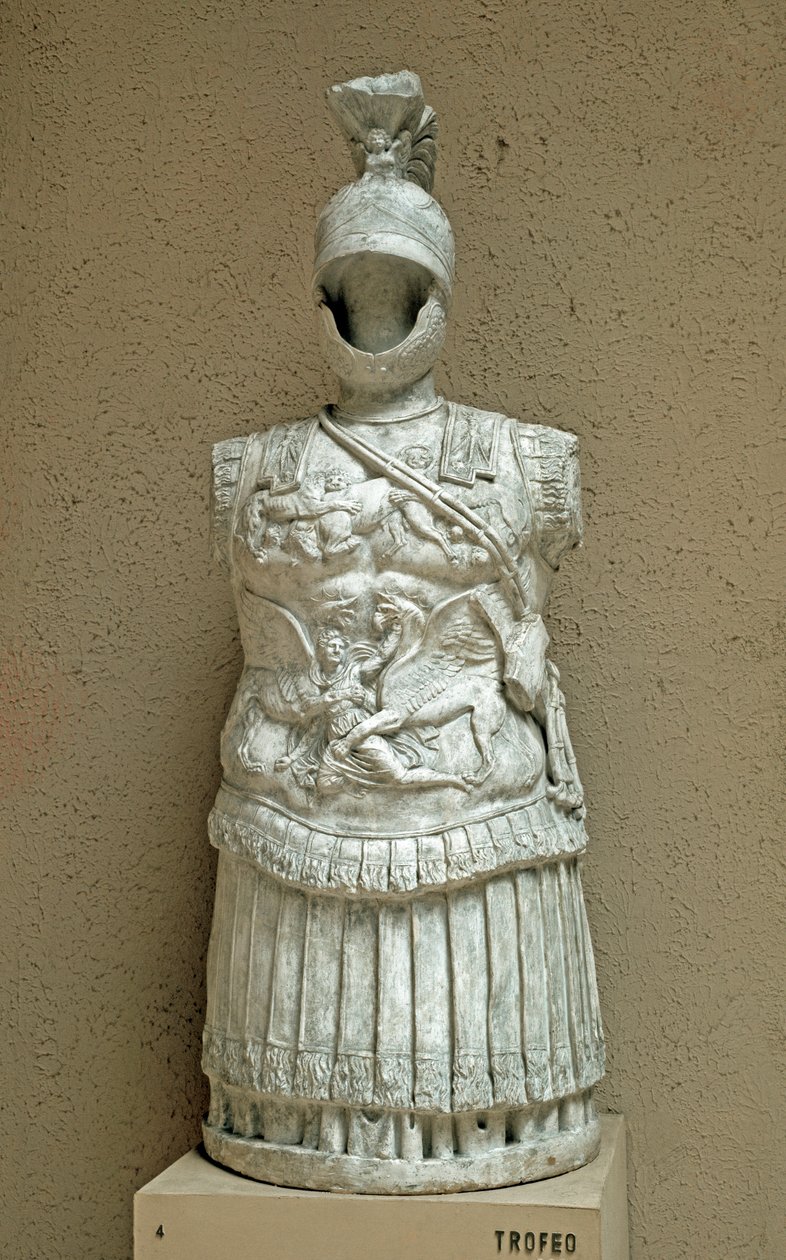 Római művészet: Fegyvertrófea, római katona parádés páncélja a Kr.e. I. századból. Róma, museo della civilta romana alkotó: Roman