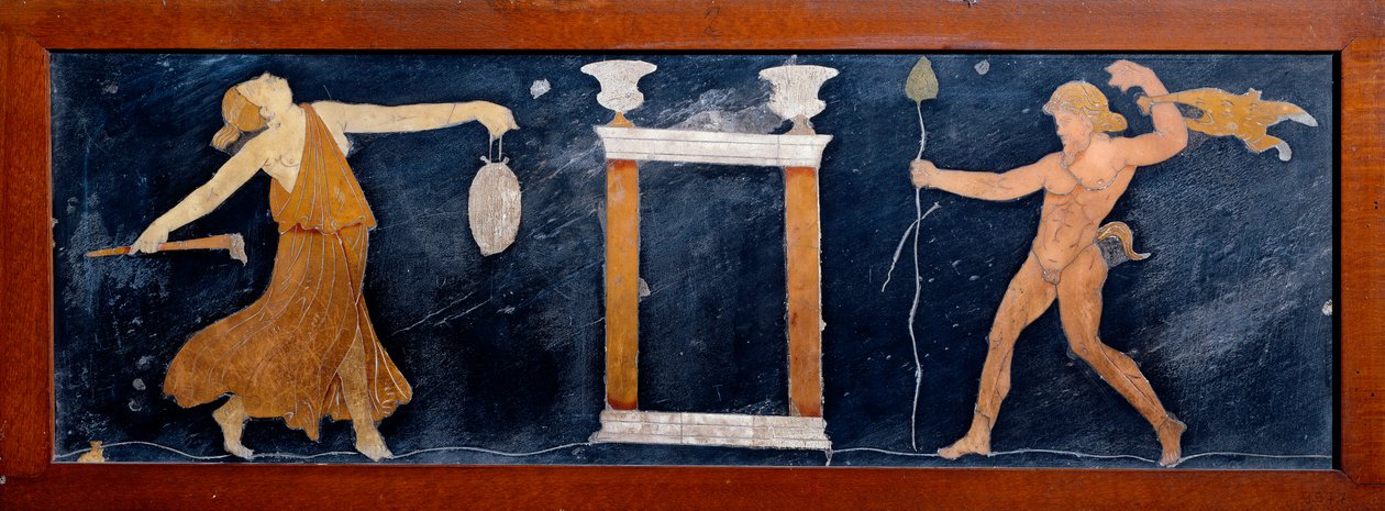 Római művészet: egy fenyegetés és egy szatír táncol a templom közelében. Freskó a pompei Casa dei Capitelli dorati épületéből. Kr.u. 1. század. Nápoly, Régészeti Múzeum alkotó: Roman