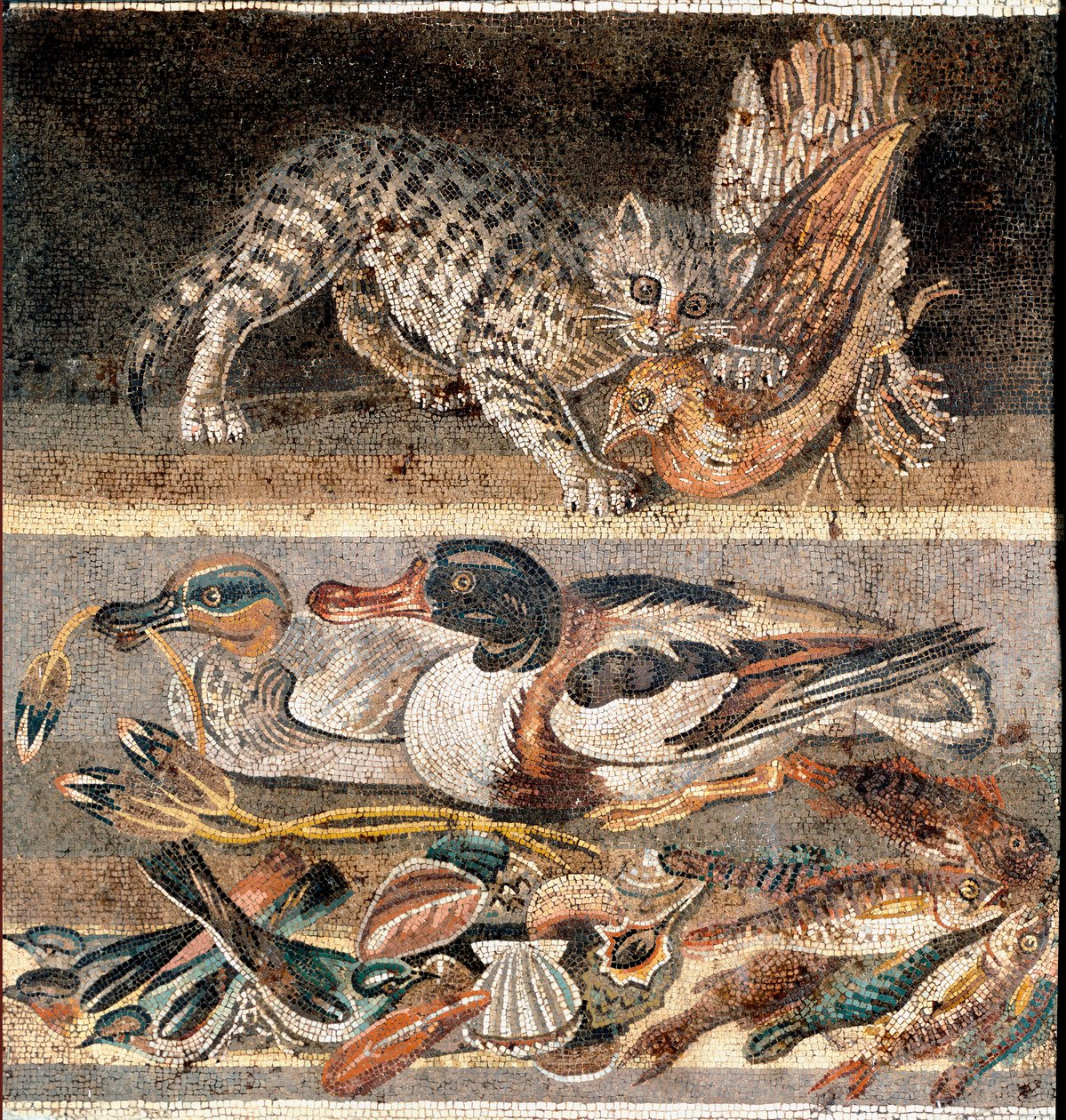 Római művészet: fogolyt evő macska és vadkacsák Kr.e. 1. fele) Róma, Museo Nazionale Romano alkotó: Roman