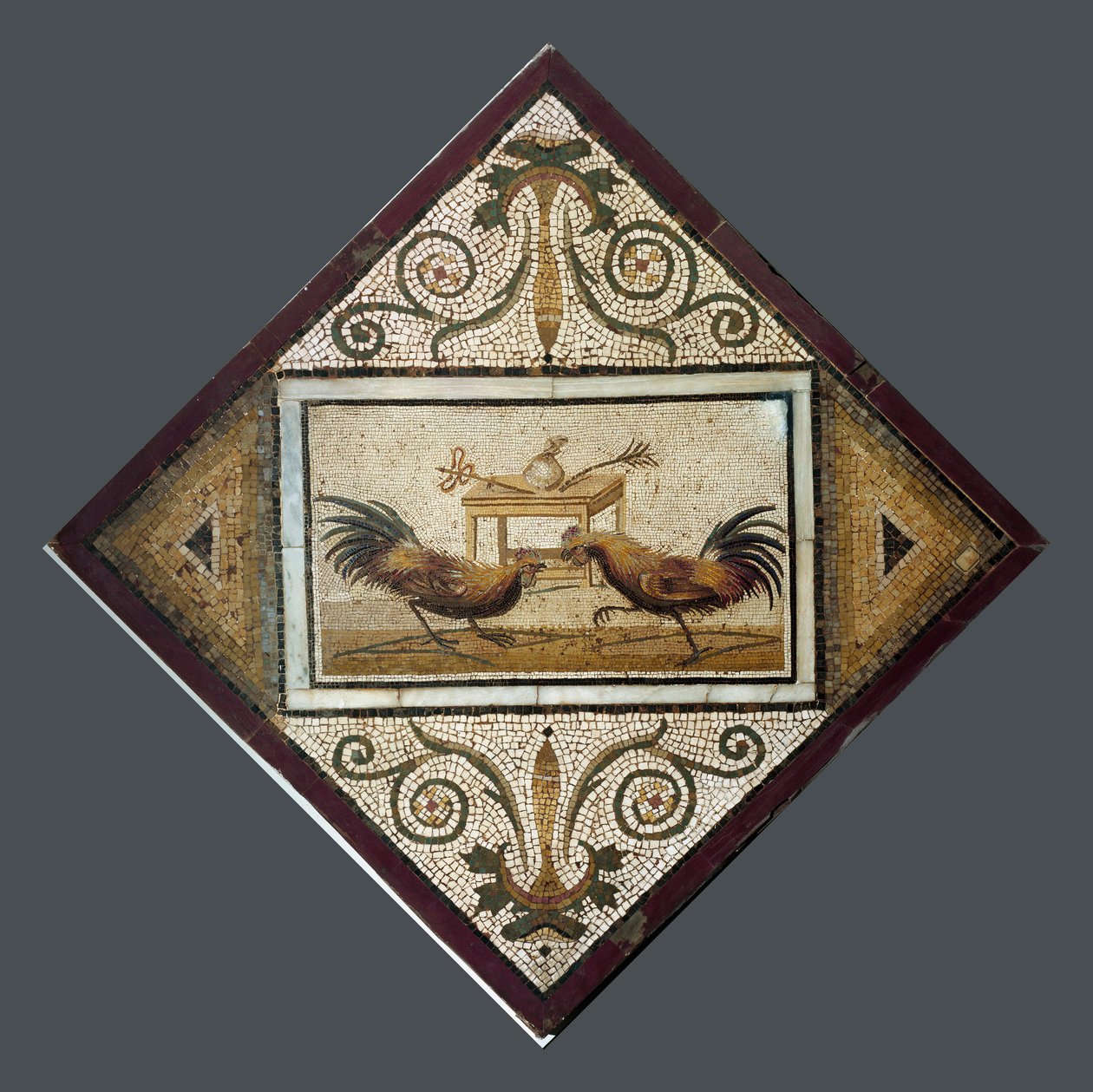 Római művészet: kakasviadal. Mozaik Pompejiből. 4. stílus. Nemzeti Régészeti Múzeum, Nápoly alkotó: Roman