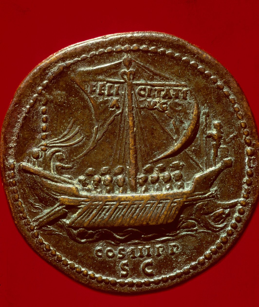 Római művészet: Hadrianus (vagy Adrien) császár (i.sz. 76-138) érme, amely egy császári galériát ábrázol. 119 Kr.u. Paris, B.N. alkotó: Roman
