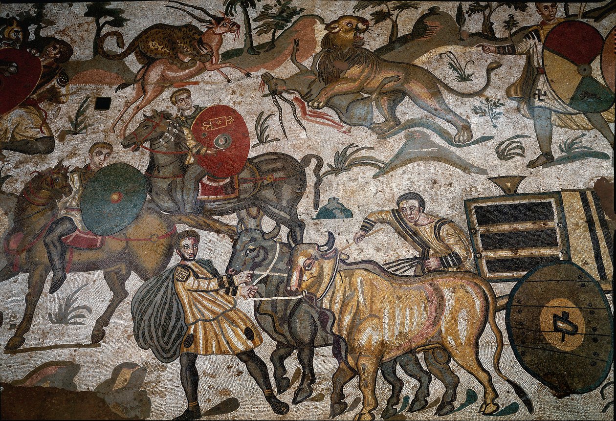 Római művészet: a mozaik részlete „” A nagy vadászrész”” Char ökrökkel húzza. Kr.u. 315-350. Piazza Armerina, Villa Romana del Casale alkotó: Roman