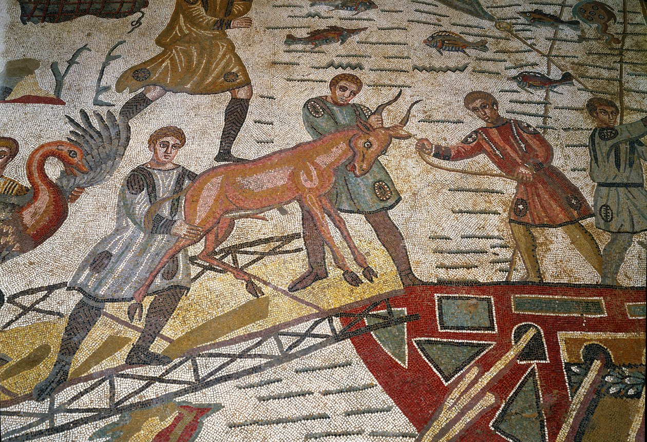 Római művészet: a mozaik részlete „” A fő vadászrész”” Gazellákat raknak a hajókra. Kr.u. 315-350. Piazza Armerina, Villa Romana del Casale alkotó: Roman