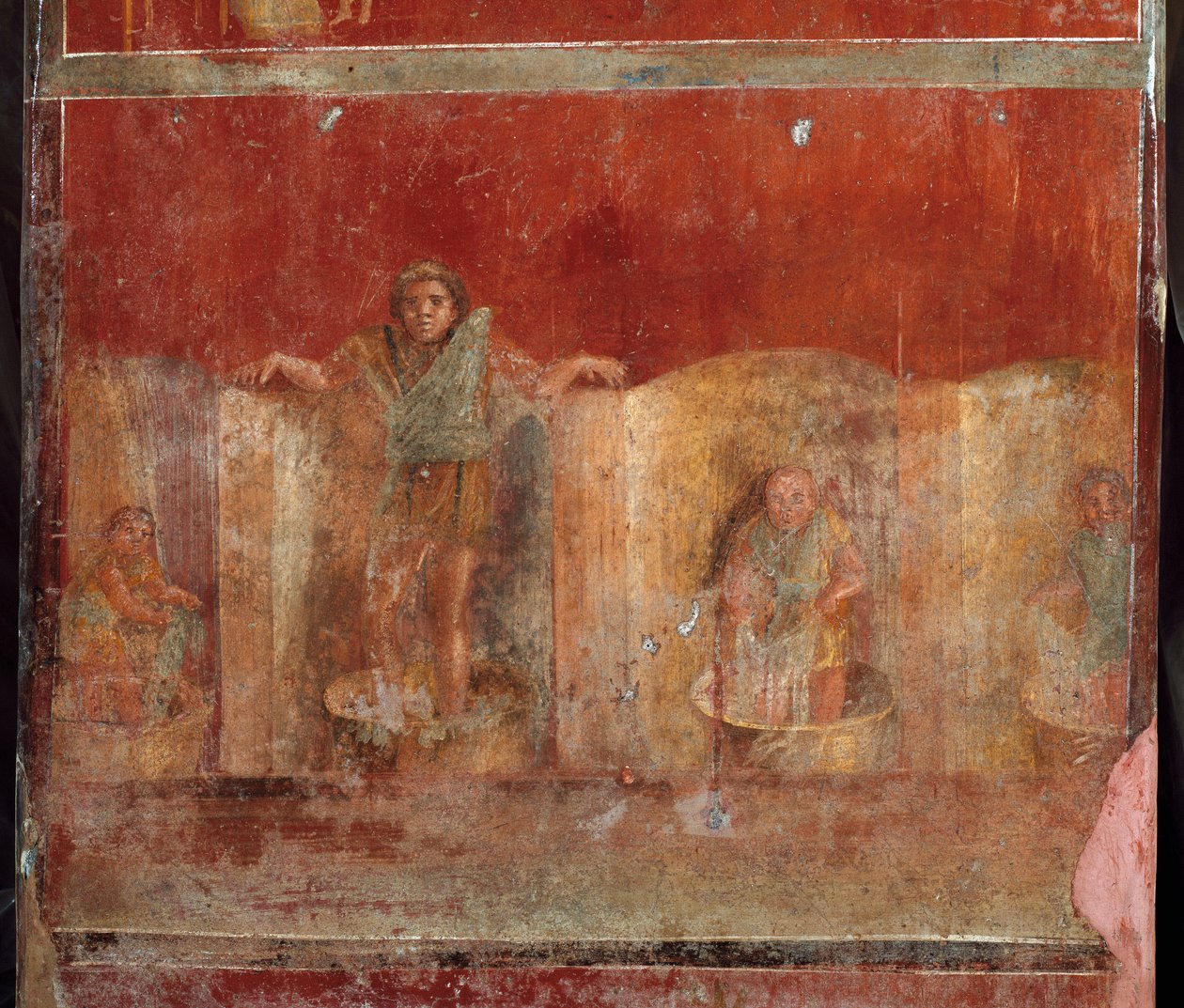 Római művészet: „fullonica vagy foulonnerie”” jelenet, amely a tömegek lábon való tisztítását ábrázolja. Freskó a pompei Fullonica stephani (La fullonica de Stephanus) villából, amelyet mosóházként és festésként használtak. Festészet az 1. századból alkotó: Roman