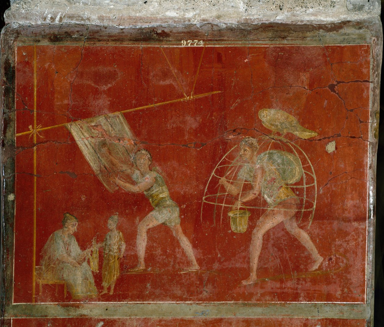 Római művészet: „fullonica””” vagy taposó” jelenet, amely a ruhatisztítást ábrázolja. Freskó a pompei Fullonica stephani (La fullonica de Stephanus) villából, amelyet mosóházként és festésként használtak. Festmény a Kr.u. I. századból. Nápoly, Múzeum alkotó: Roman
