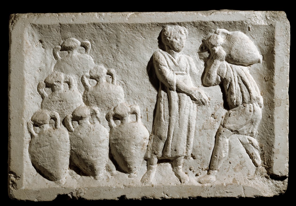 Római művészet: „” boroskorsók berakodása és elhelyezése””” Dombormű. Kr.u. 2. század. Róma, a római civilizáció múzeuma alkotó: Roman