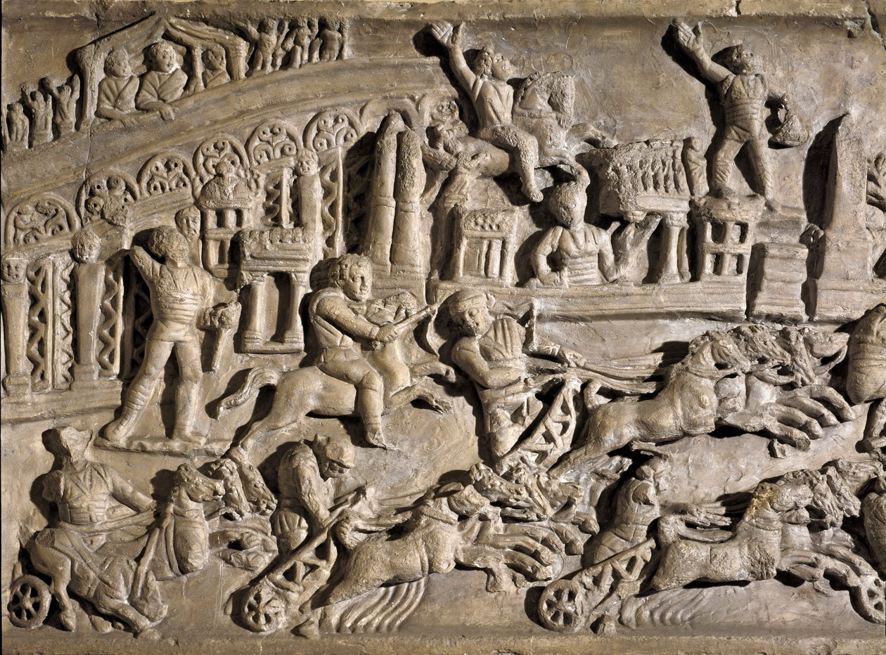 Római művészet: alacsony dombormű, amely a római Circus Maximus (Grand Circus vagy Circus Maxime) tankversenyeit ábrázolja. Kr.u. 2. század. Róma, Museo della Civilta Romana alkotó: Roman