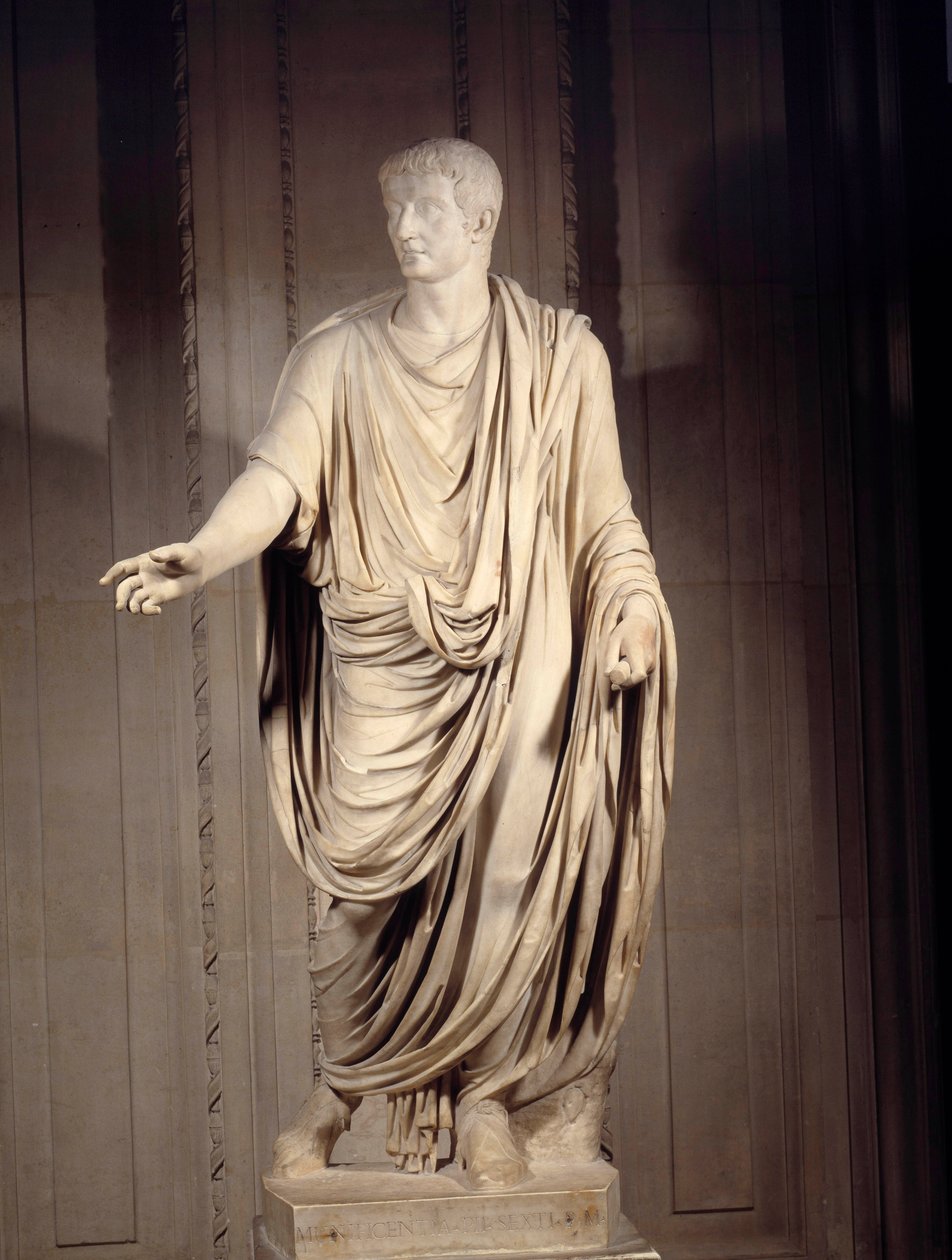 Római művészet: Tibere császár (Tiberio Claudio Nerone, i.e. 42-37), római császár márványszobra. V 2 m. Párizs, Louvre Múzeum alkotó: Roman