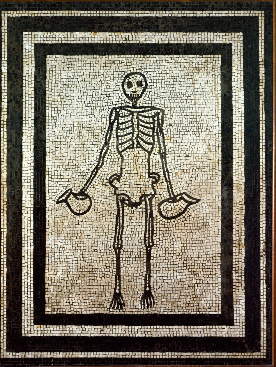 Római művészet: két kancsót tartó csontváz. 1. századi mozaik. Nápoly, museo nazionale archeologico – Római művészet: csontváz két kancsót tartva. 1. századi mozaik Pompejiből. Nemzeti Régészeti Múzeum, Nápoly, Olaszország alkotó: Roman